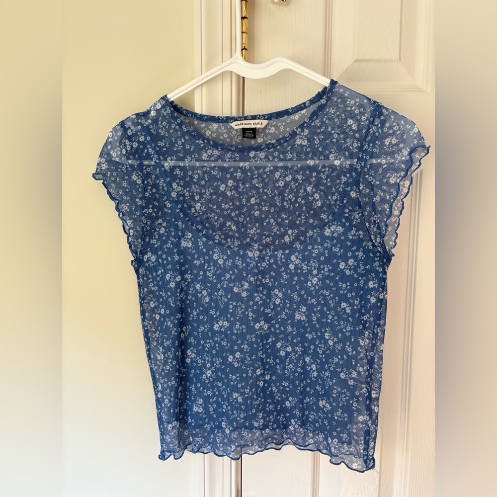 American Eagle Blue Two-Piece Cropped Top Set – Size M, Tank + Sheer Overlay, Wo